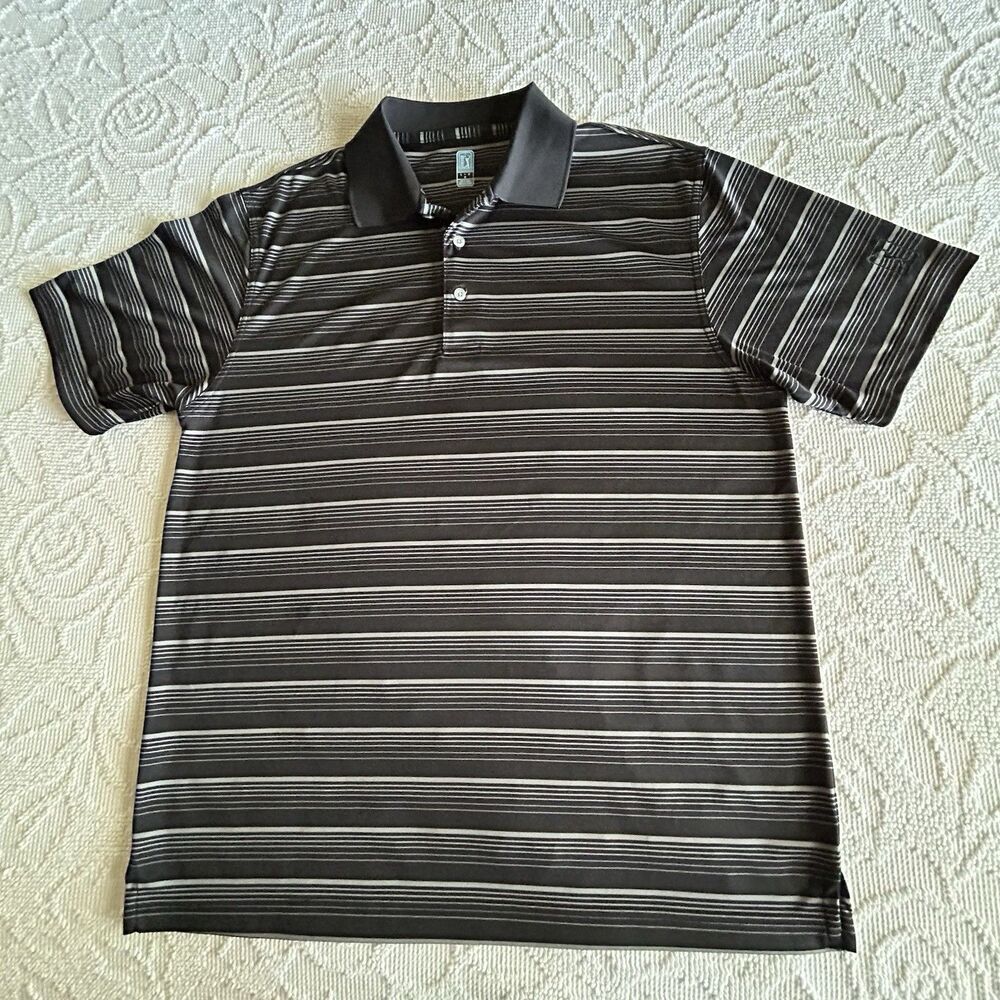 PGA TOUR Golf Polo Shirt Men Large Gray Striped Short Sleeve Perform Athleisure